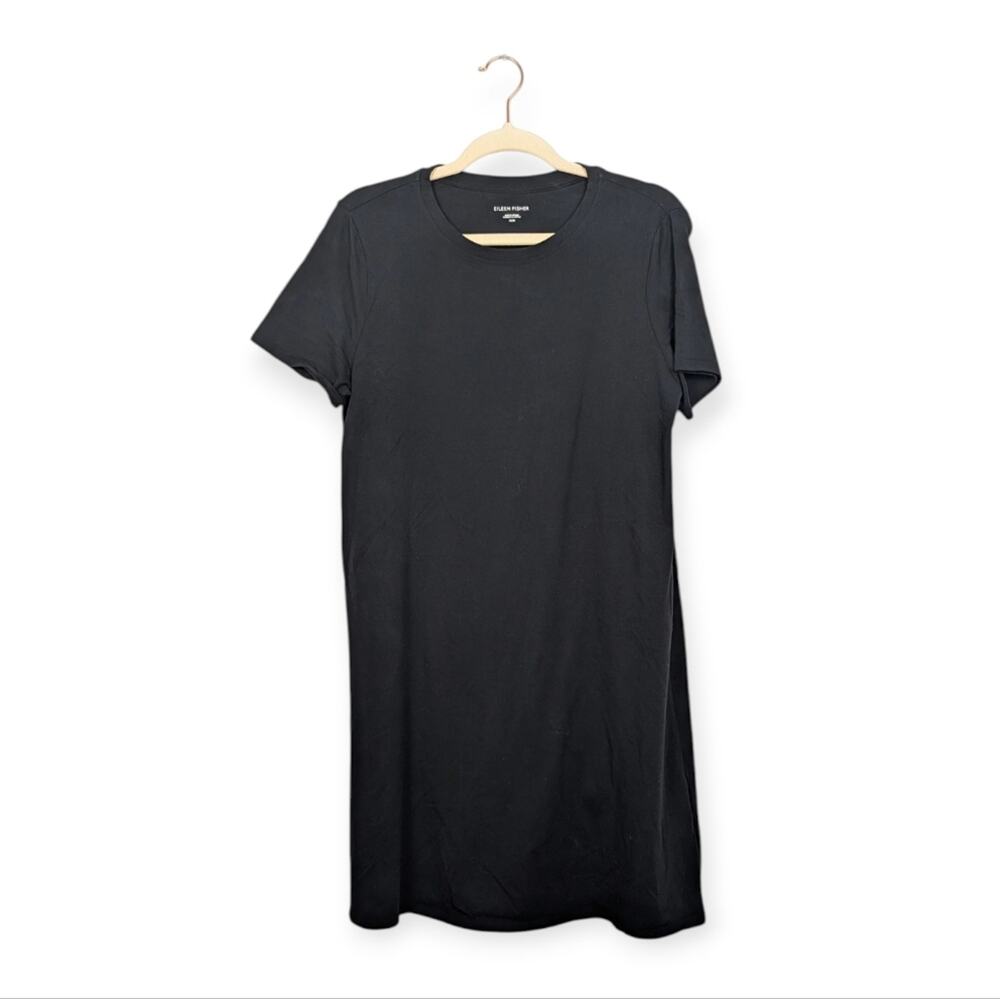 Eileen Fisher Tunic Top M Black Organic Cotton Blend Short Crewneck Minimalist